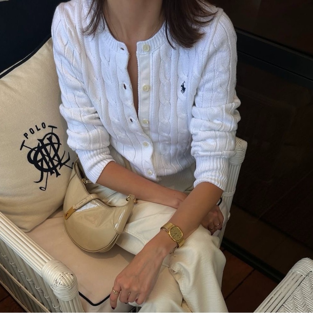 White Cable Knit Cardigan Sweater - Ralph Lauren - Picture 2 of 7
